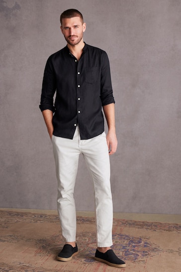 Black Grandad Collar Signature 100% Linen Long Sleeve Shirt