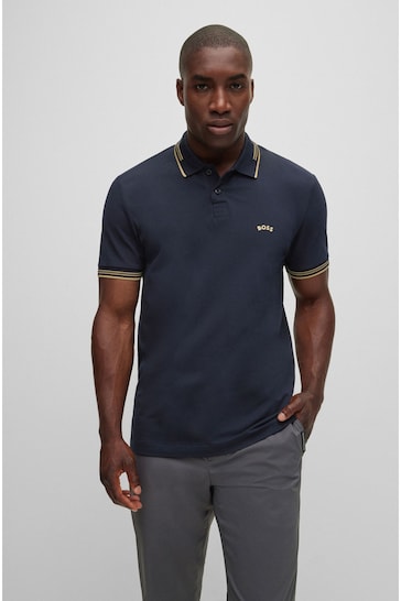 BOSS Navy Blue Tipped Slim Fit Stretch Cotton Polo Shirt