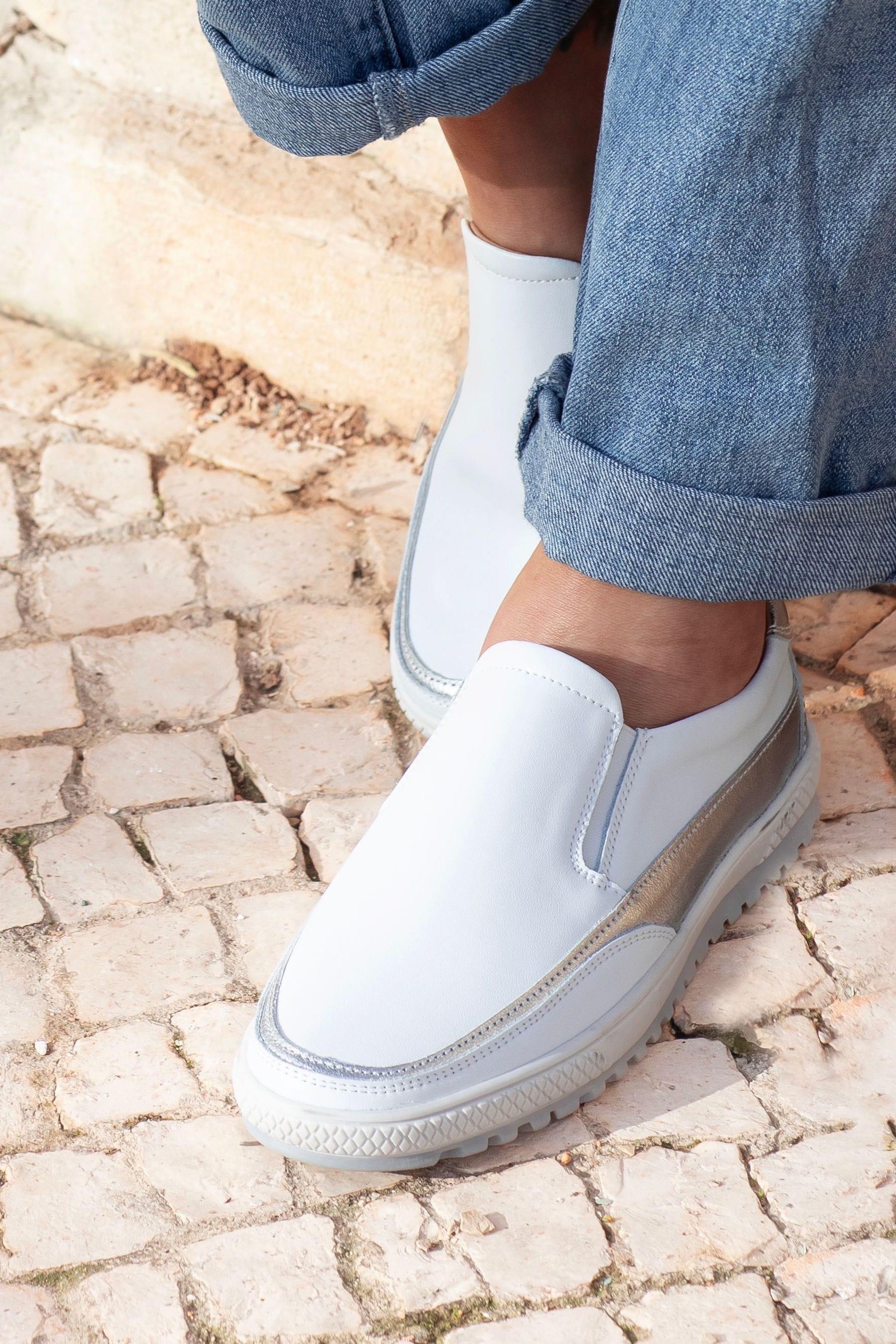 Pavers White Leather Slip On Shoes