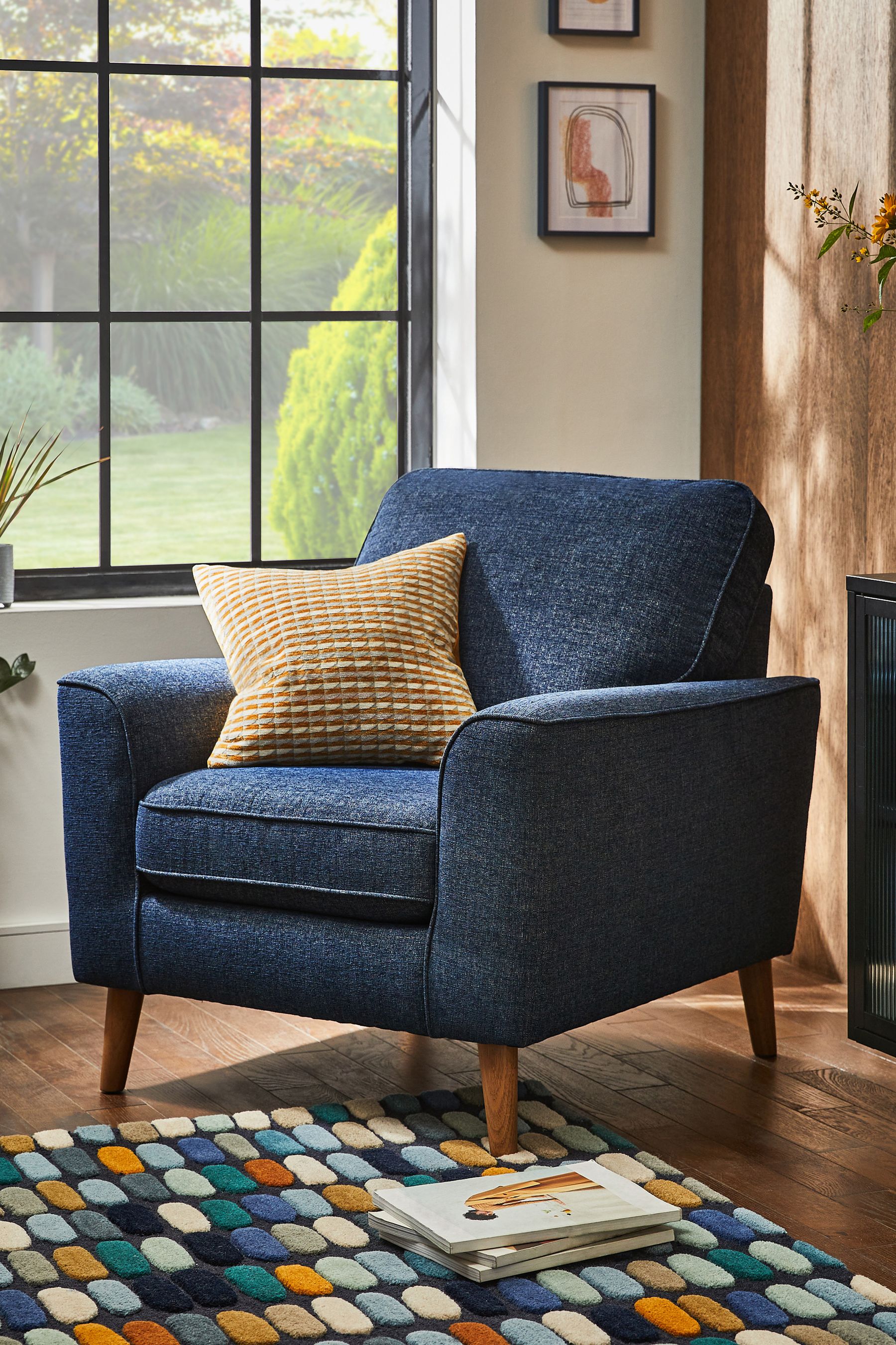 Buy Tweedy Plain Navy Blue Oak Effect Leg Stamford Accent Chair
