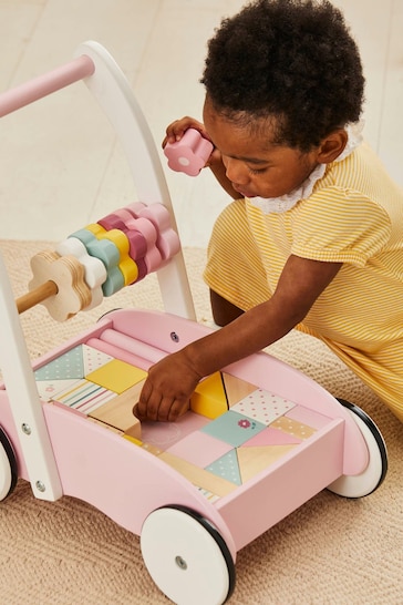 JoJo Maman Bébé Pink Wooden Baby Walker with Colourful Blocks