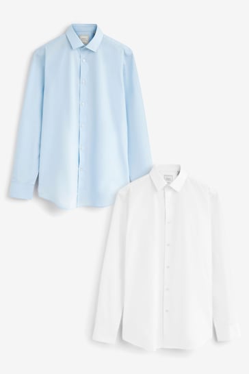 White/Blue Slim Fit Easy Care Single Cuff Shirts 2 Pack