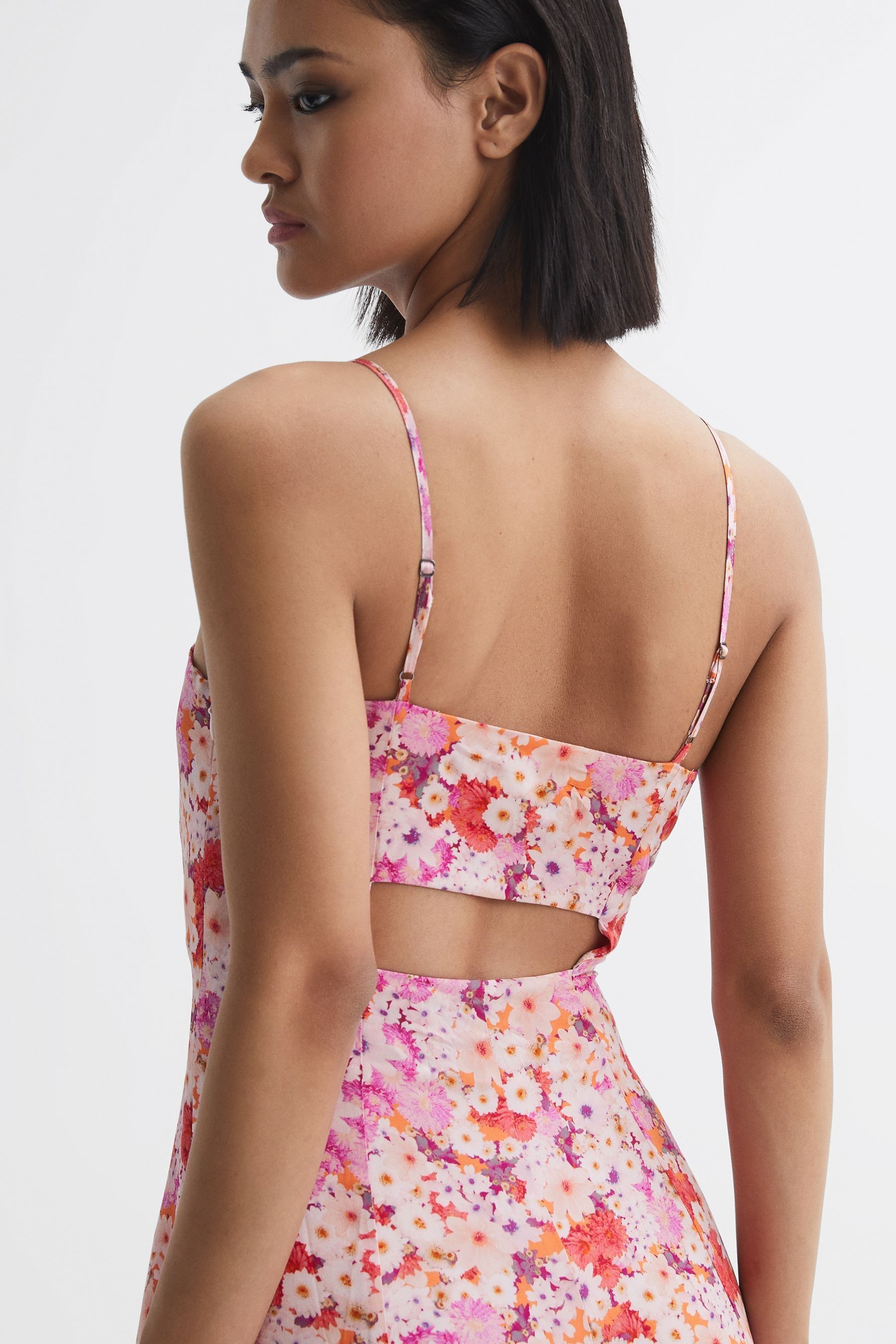 Buy Reiss Pink Bonnie Floral Print Fitted Midi Dress from