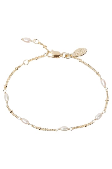 Oliver Bonas Mila White Pearl Detail Gold Plated Brass Chain Bracelet