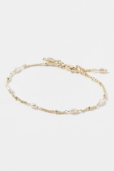 Oliver Bonas Mila White Pearl Detail Gold Plated Brass Chain Bracelet