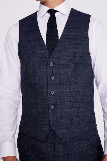 MOSS Navy/Black Check Regular Fit Suit Waistcoat