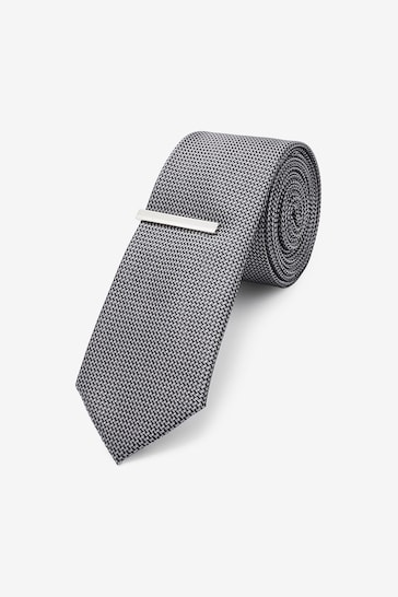 Charcoal Grey Slim Textured Tie And Clip