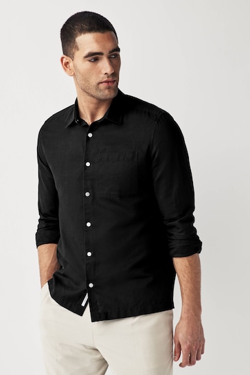 Black Linen Blend Long Sleeve Shirt