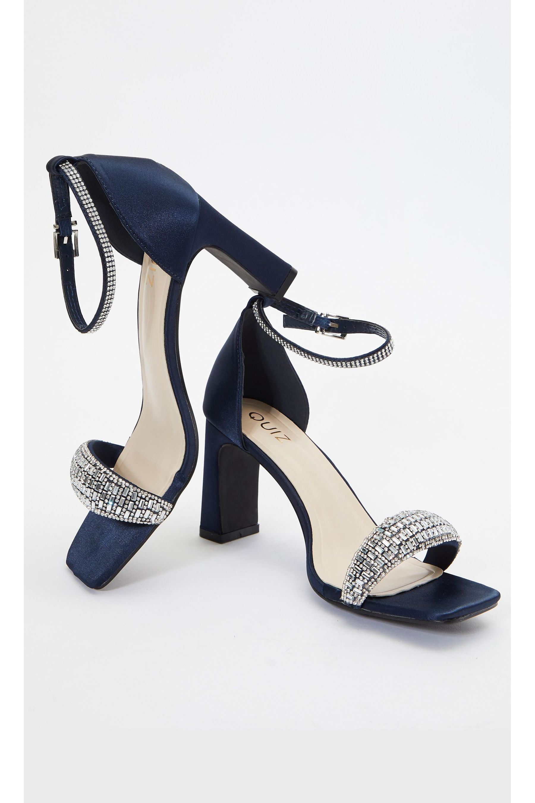 Quiz Blue Satin Diamante Strap Heel Sandals