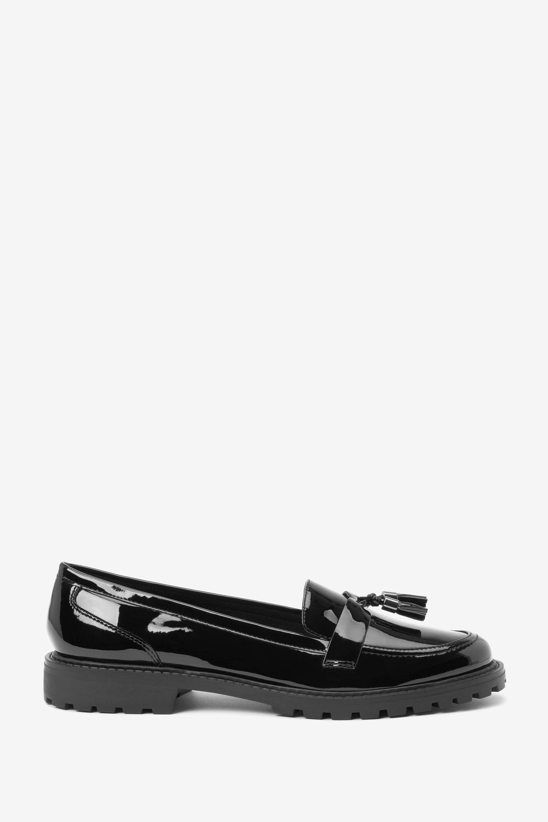 Buy Black Patent Standard Wide Fit Forever Comfort Tassel Detail Cleated Chunky Loafer Shoes from the Next UK online shop