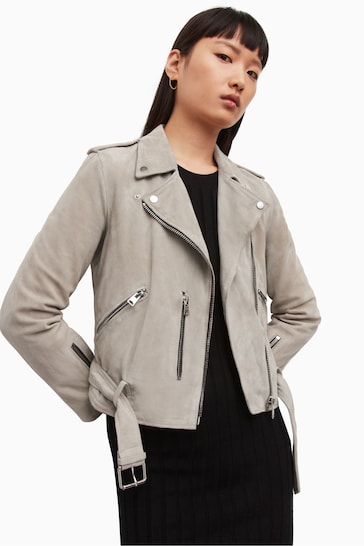 AllSaints Grey Womens Suede Balfern Biker Jacket