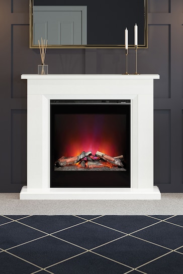 Be Modern White Lorento Marble Slim Electric Fireplace and Surround Suite
