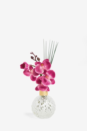 Pink Artificial Orchid In Faceted Glass Vase