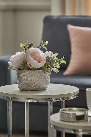 Pink Artificial Peony Flowers In Silver Pot