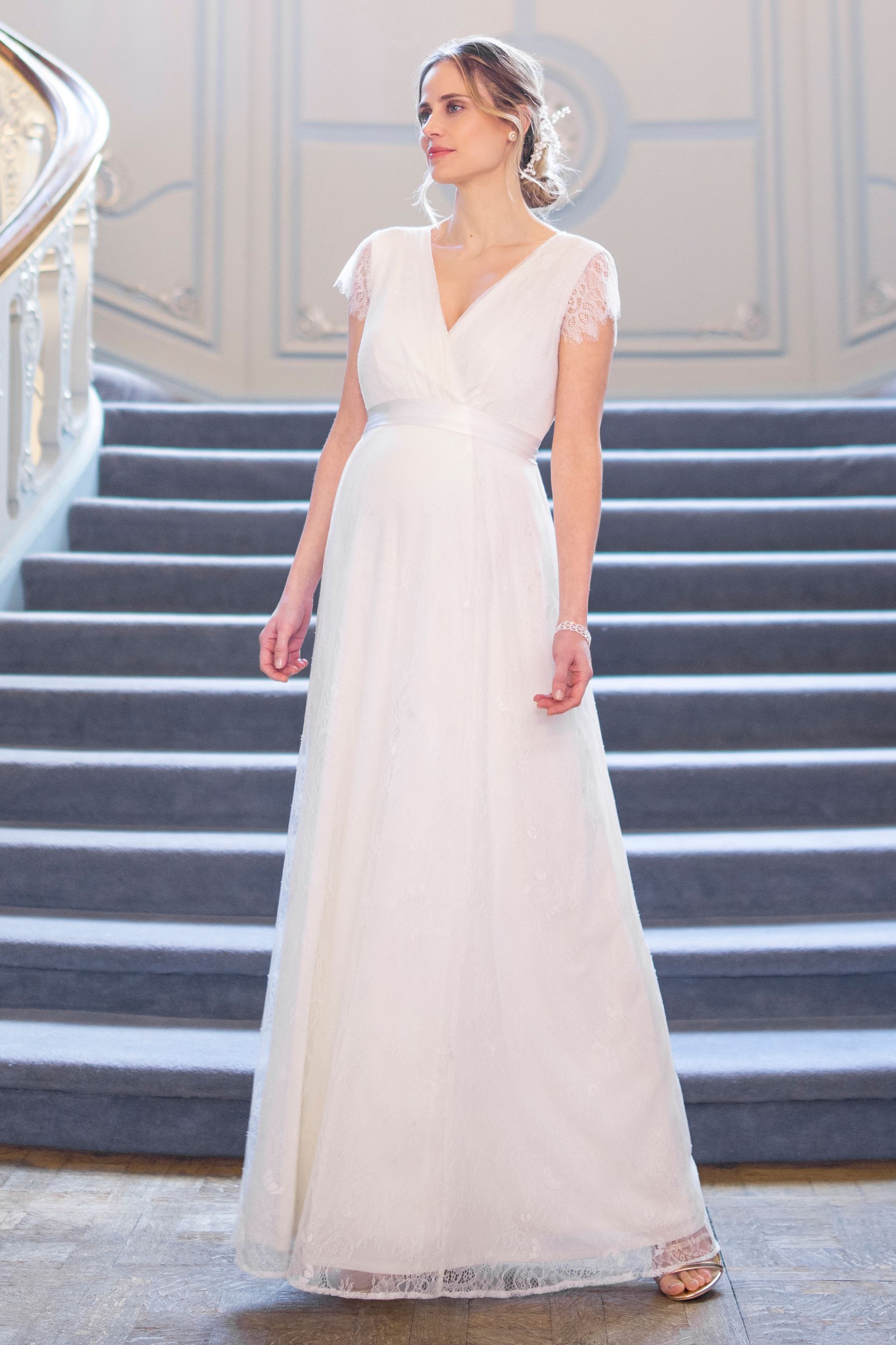Seraphine Long Lace V Neck Maternity Bridal Gown