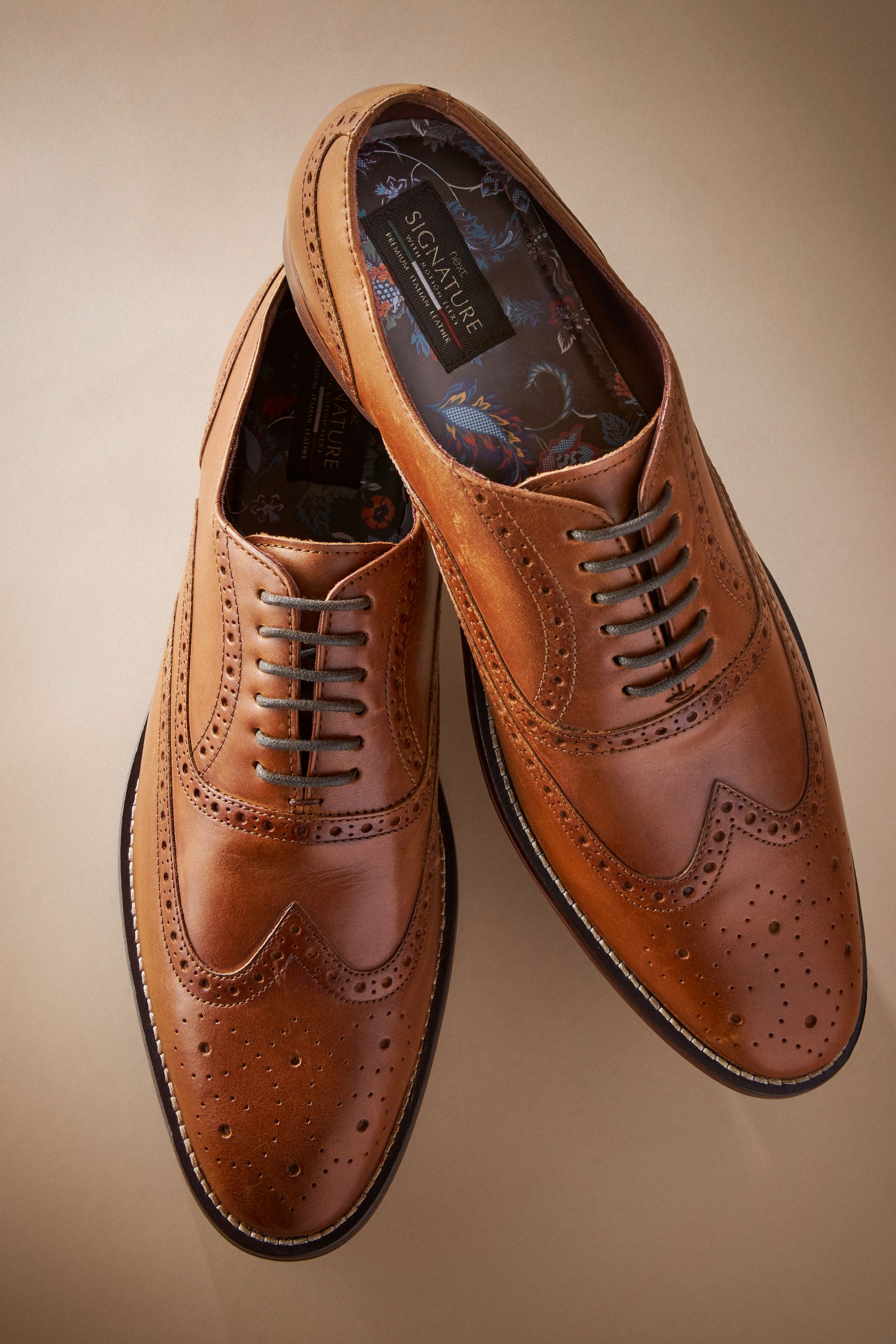 Tan Brown Wide Fit Signature Italian Leather Wing Cap Brogues