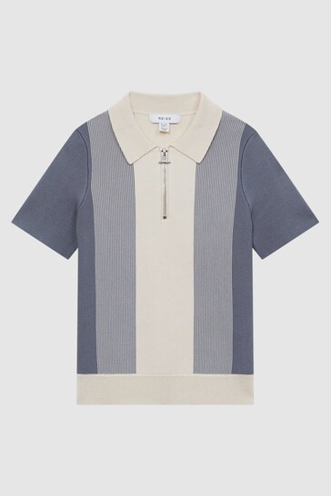 Reiss Airforce Blue/Ecru Milton Half Zip Striped Polo Shirt