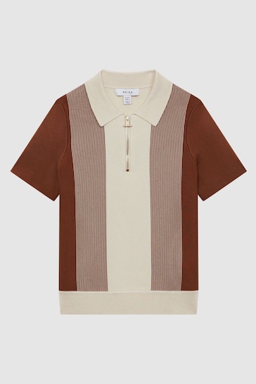 Reiss Tobacco/Cream Milton Half Zip Striped Polo Shirt