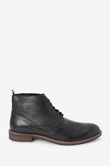 Black Leather Brogue Ankle Boots