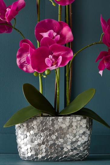 Silver/Pink Artificial Real Touch Orchid In Hex Embossed Pot