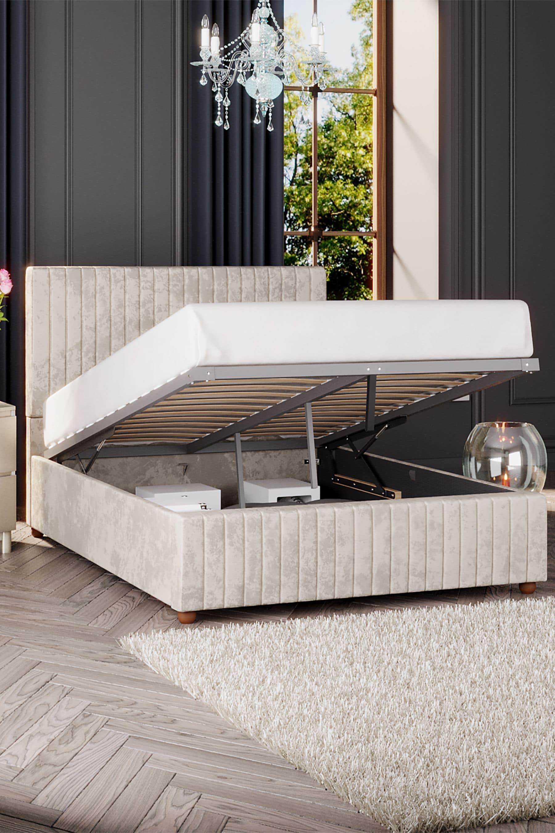 White velvet store ottoman bed