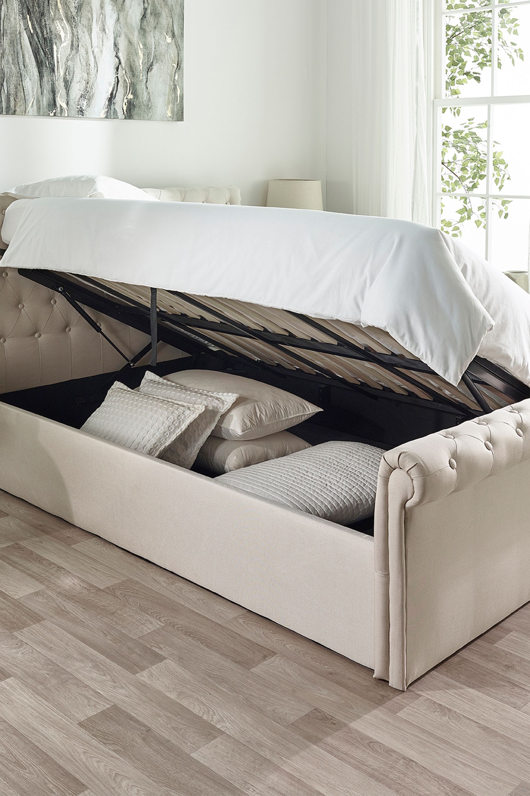 White ottoman shop sleigh bed