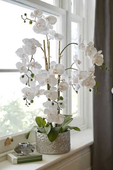 White Large Artificial Real Touch Orchid Plant In Silver Pot