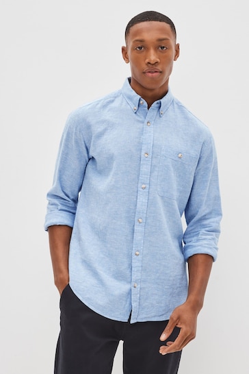 Light Blue Regular Fit Linen Blend Long Sleeve Shirt