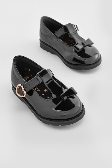 Black Patent Wide Fit (G) School Junior Bow T-Bar Shoes