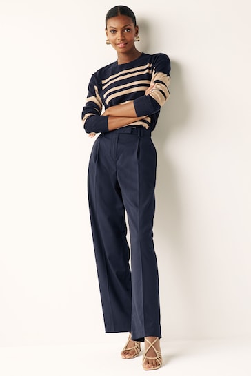 Navy Blue and Camel Stripe Cosy Crew Neck Long Sleeve Jumper