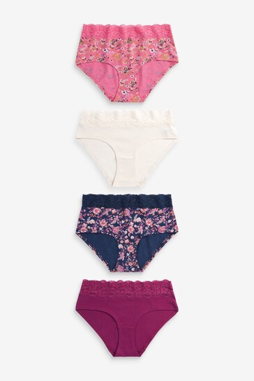 Navy Blue/Pink Folk Print Short Lace Trim Cotton Blend Knickers 4 Pack