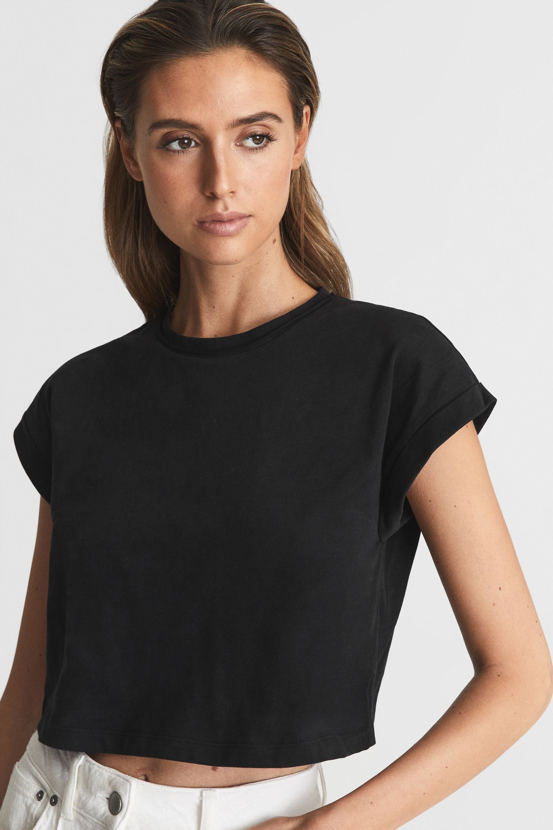 Reiss Black Terry Cotton Crew Neck Crop Top