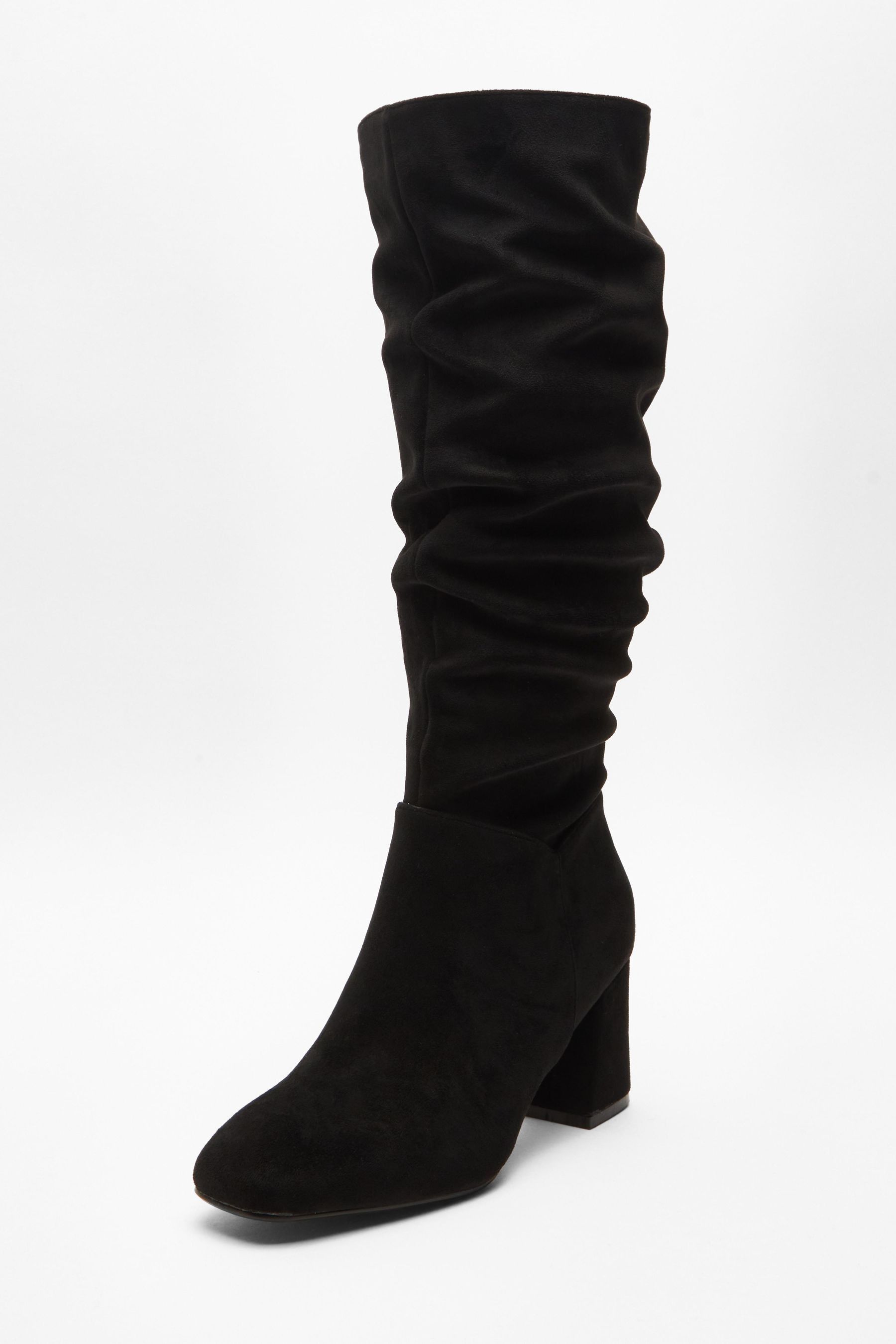 Quiz Black Ruched Block Heel Knee High Boots