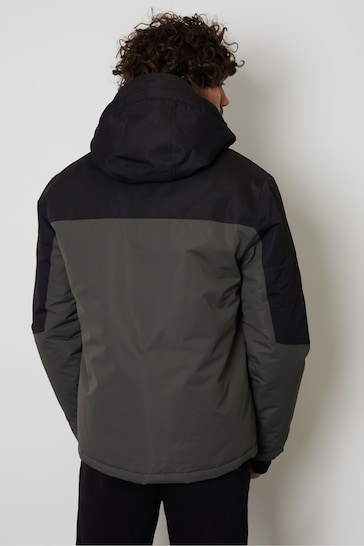 Threadbare Black/Khaki Green Microfleece Lined Hooded Two-Tone Ski Jacket