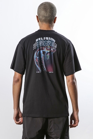 Religion Black Oversized Fit Soft Cotton T-Shirt Small Graphic