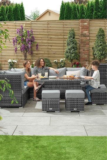 Nova Outdoor Living Grey Cambridge Rattan Effect Reclining Left Hand Corner Dining Sofa Set with Rising Table