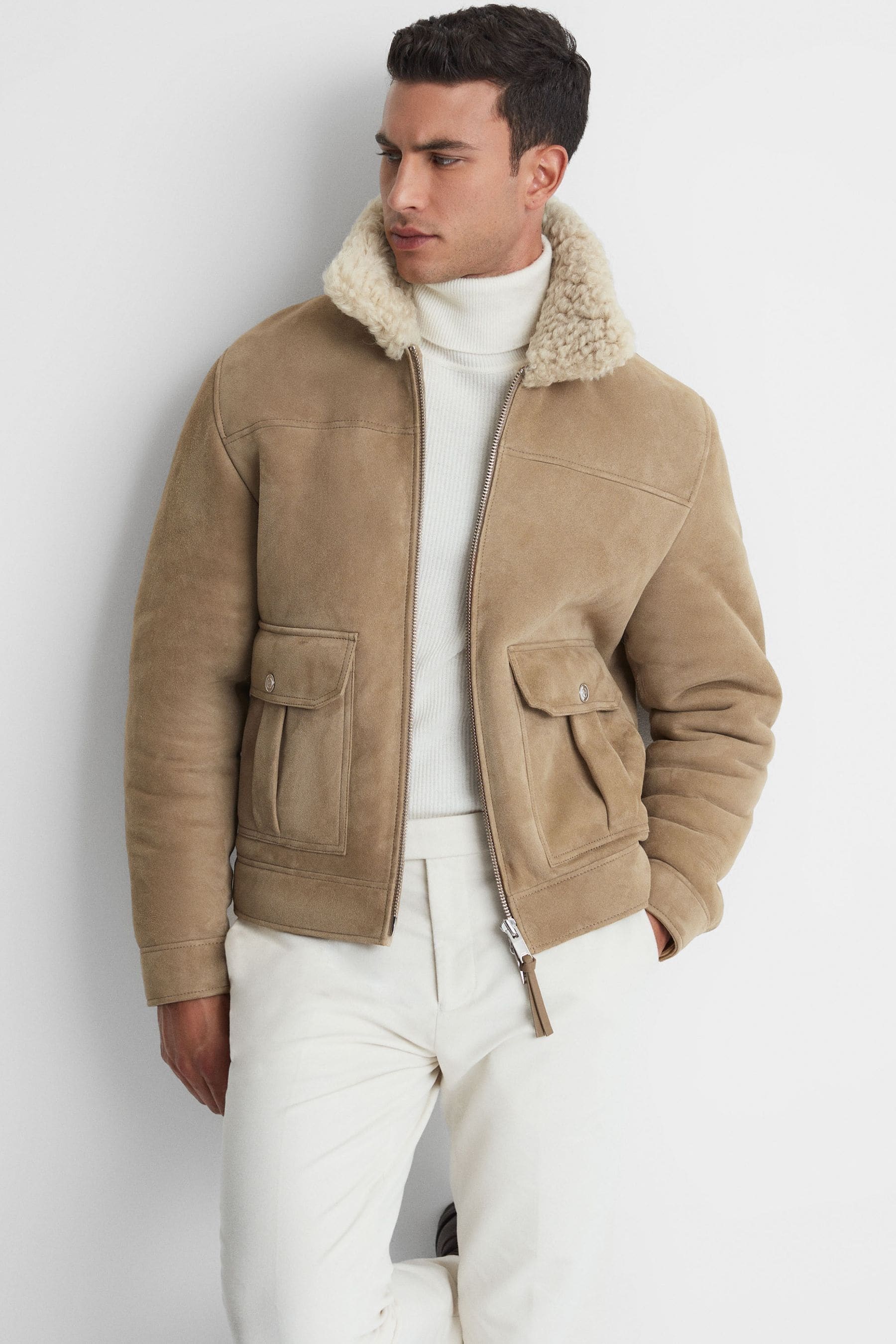 Mens suede shearling best sale jacket