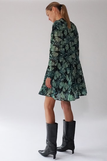 Religion Green A-Line Shirt Dress With Pockets And Long Sheer Sleeves