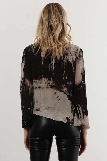 Religion Black Print Long Sleeve Tie Front Double Layer Top