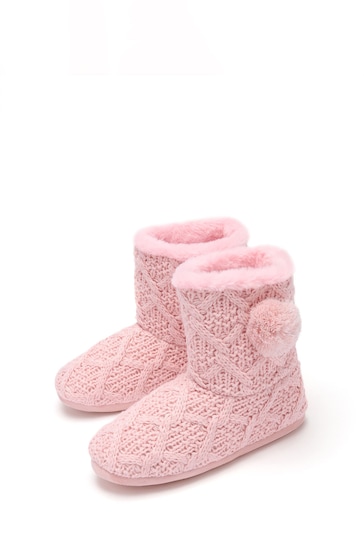 Pour Moi Blush Pink Cable Knit Faux Fur Lined Bootie Slippers