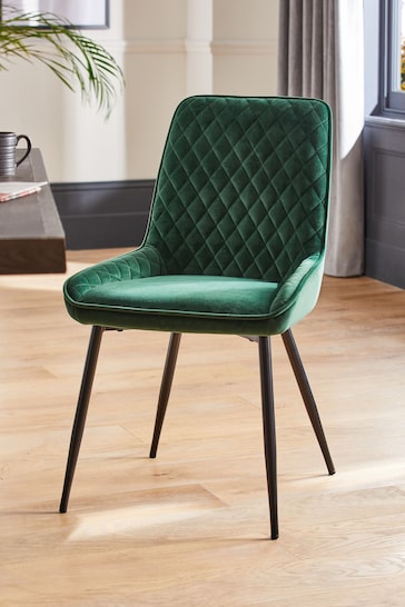 Set of 2 Soft Velvet Emerald Green Black Leg Hamilton Non Arm Dining Chairs