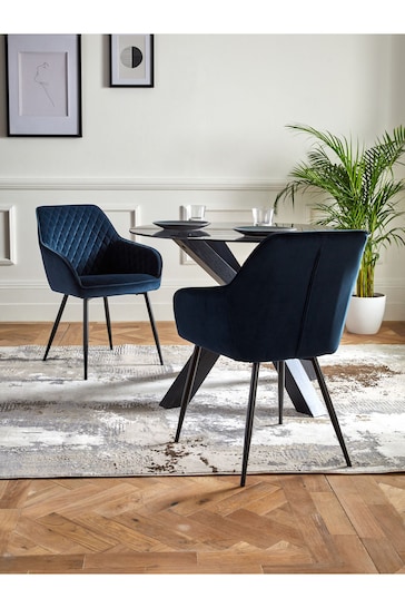 Set of 2 Soft Velvet Navy Blue Black Legs Hamilton Arm Dining Chairs