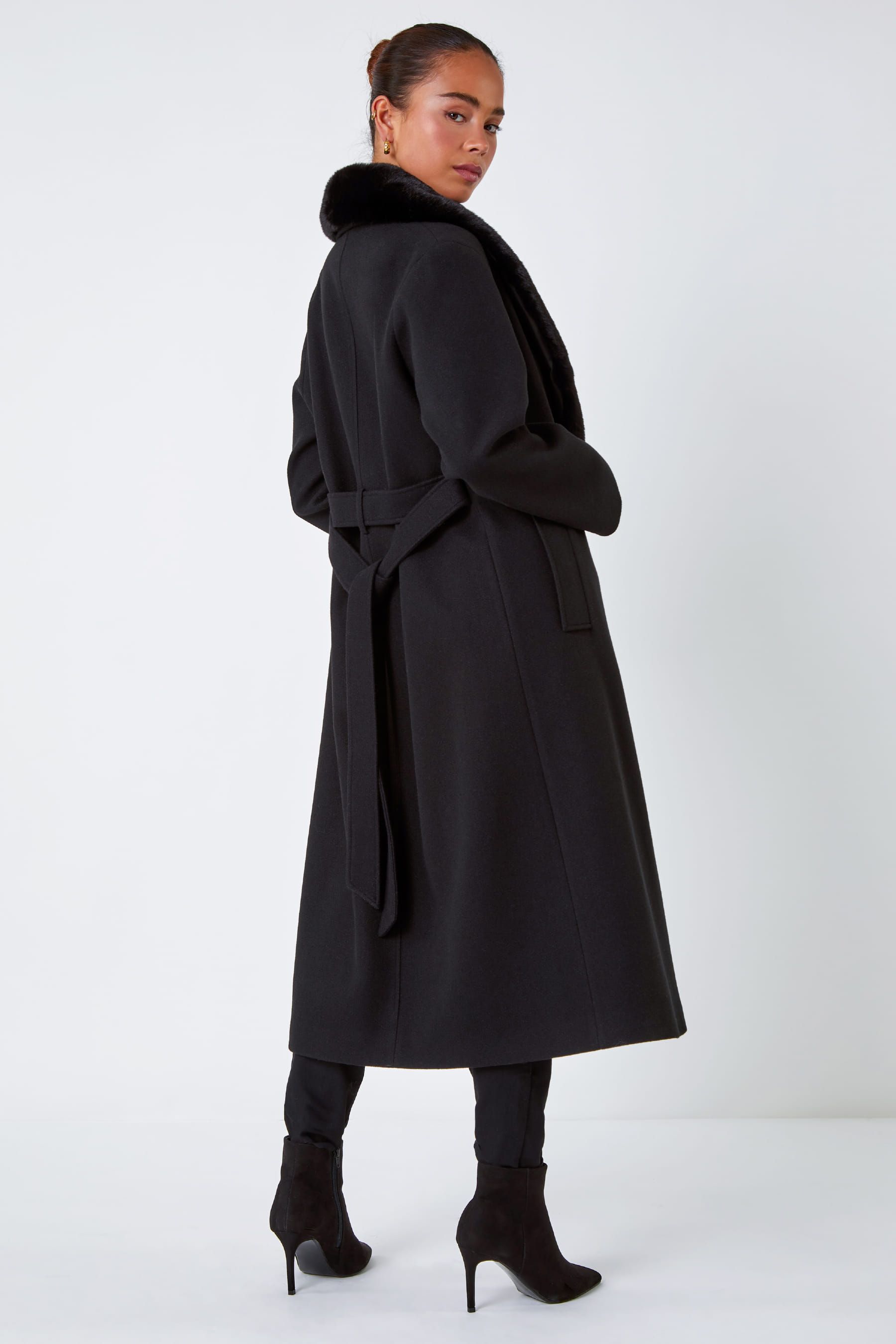 Black belted faux fur belted wool coat online