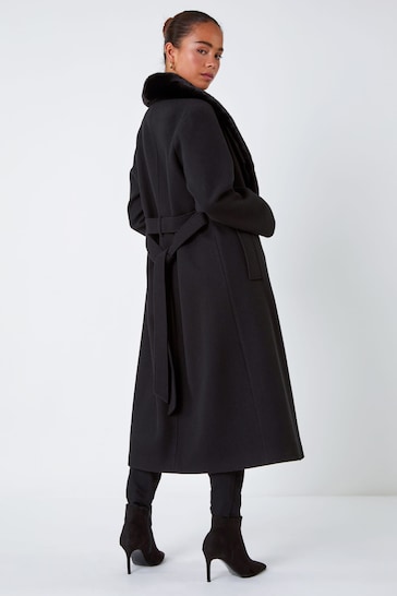 Roman Black Petite Faux Fur Collar Belted Coat