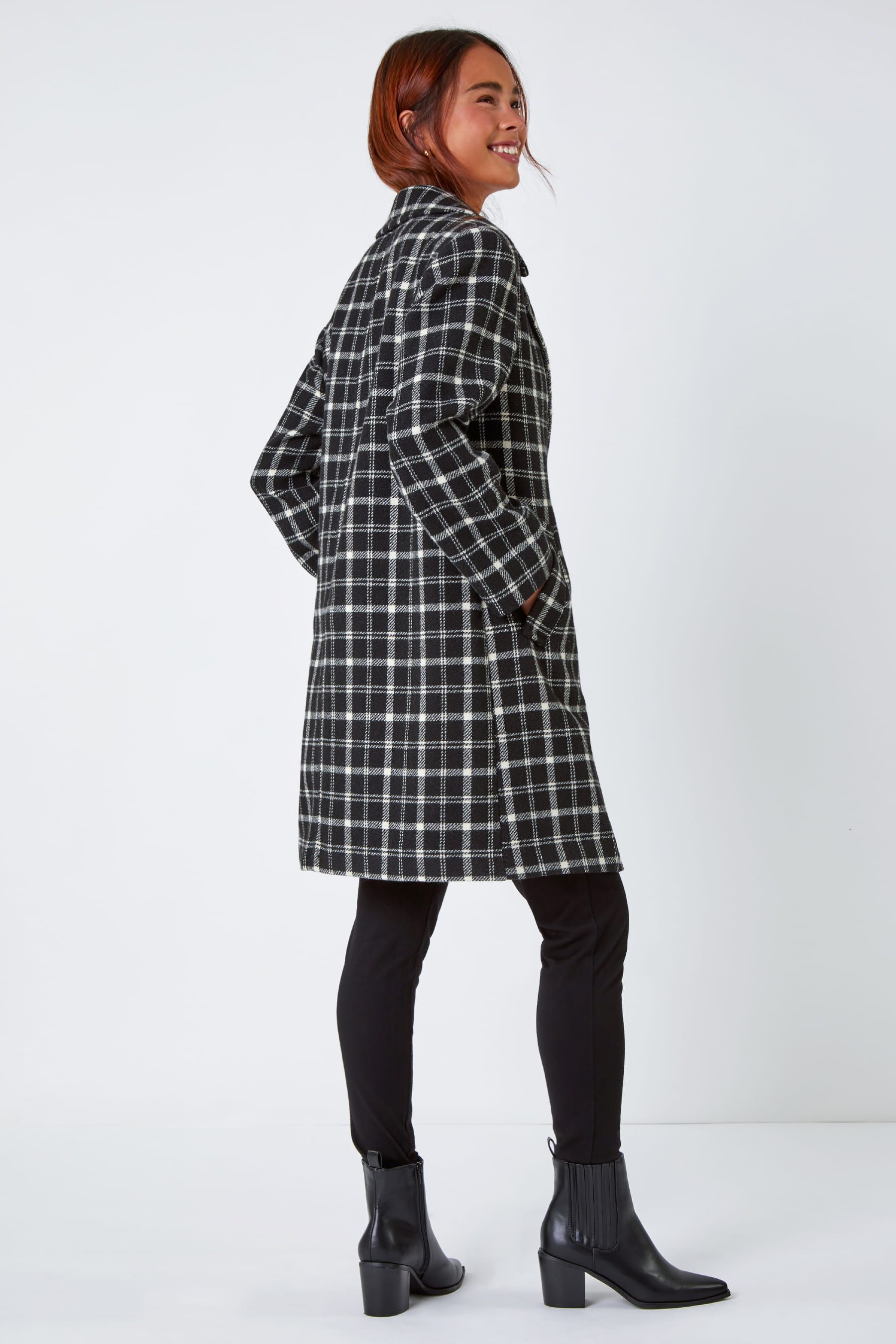 Roman Black Petite Single Breasted Check Print Coat
