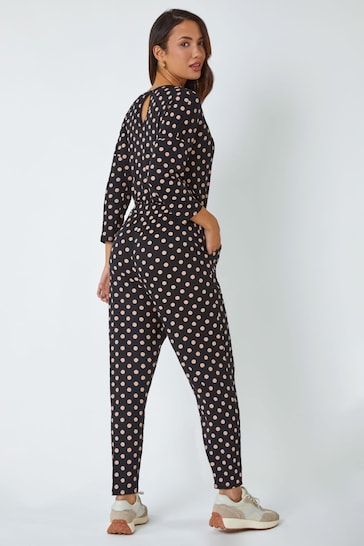 Roman Black Polka Dot Print Stretch Jumpsuit