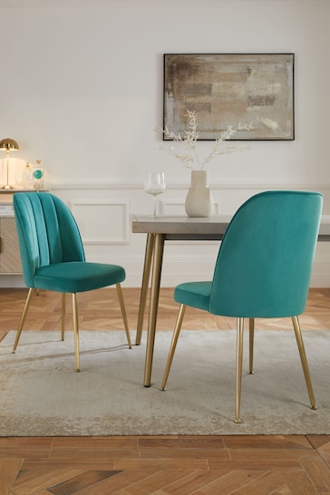 Set of 2 Soft Velvet Teal Brushed Gold Leg Stella Non Arm Dining Chairs