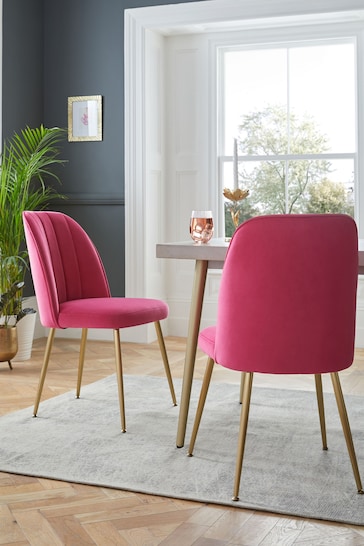 Set of 2 Soft Velvet Fuchsia Pink Brushed Gold Leg Stella Non Arm Dining Chairs