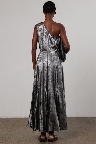 Religion Silver One Shoulder Maxi Dress In Silver Foil Textured Fabric