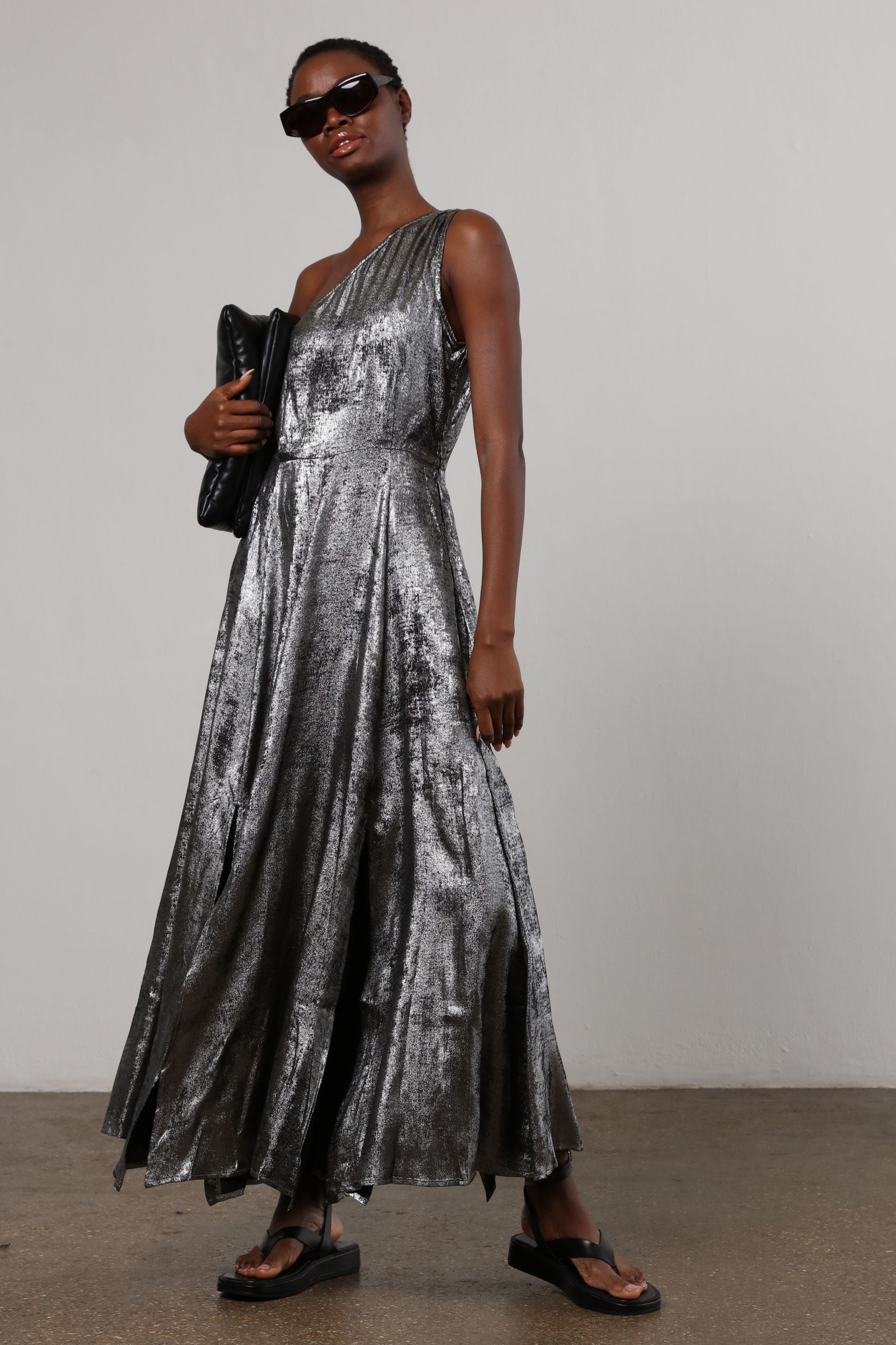 Buy Religion Silver One Shoulder Maxi Dress In Silver Foil